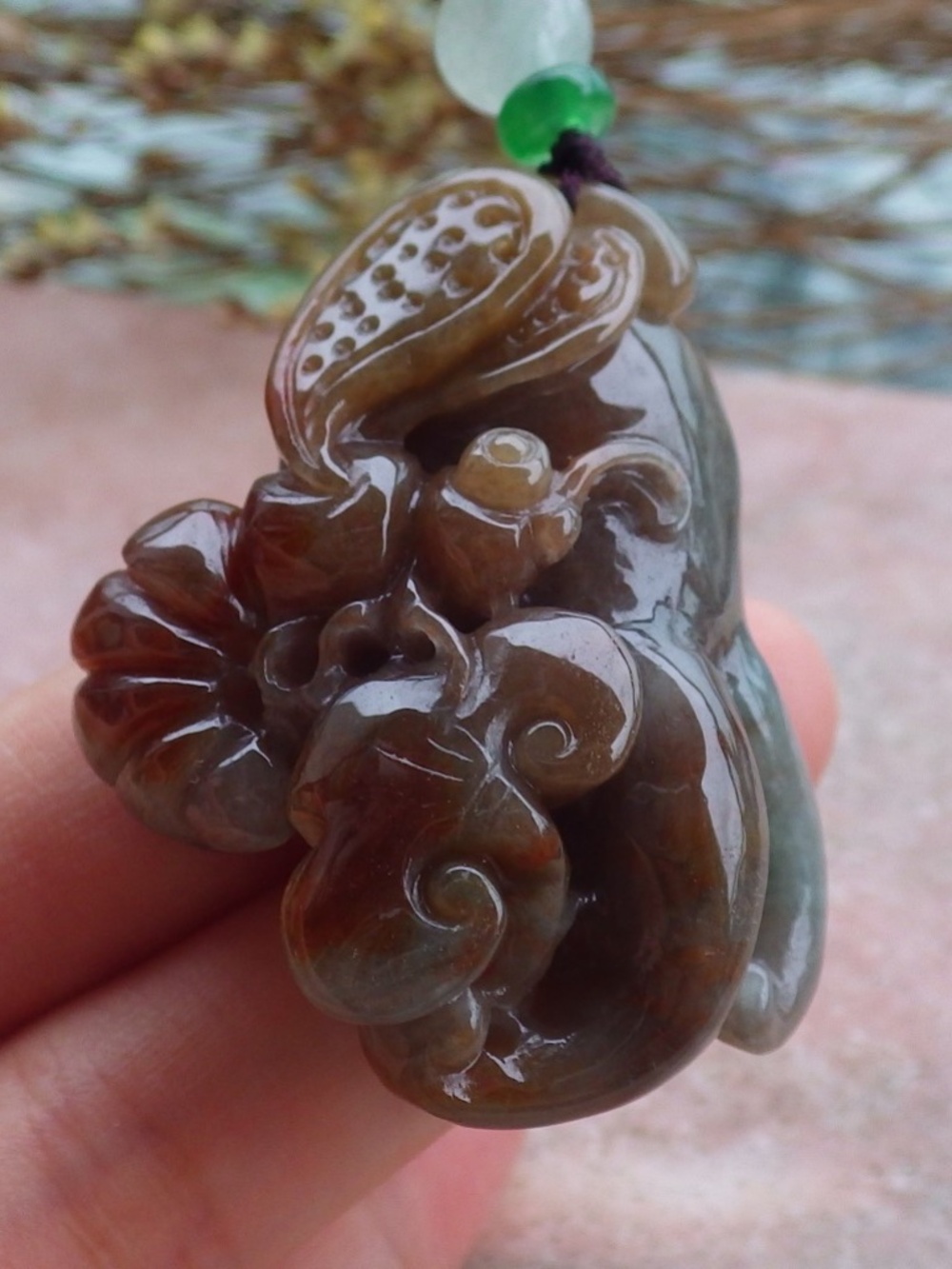 Certified Natural Burma A Jade jadeite Butterfly Lotus Ginseng Pendant Necklace